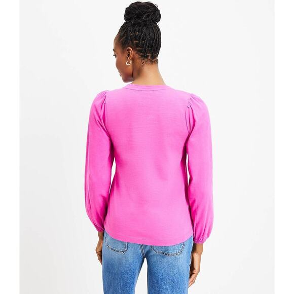 Ann Taylor LOFT Size XS Textured Balloon Sleeve Top Pink 100% Cotton - Picture 2 of 6